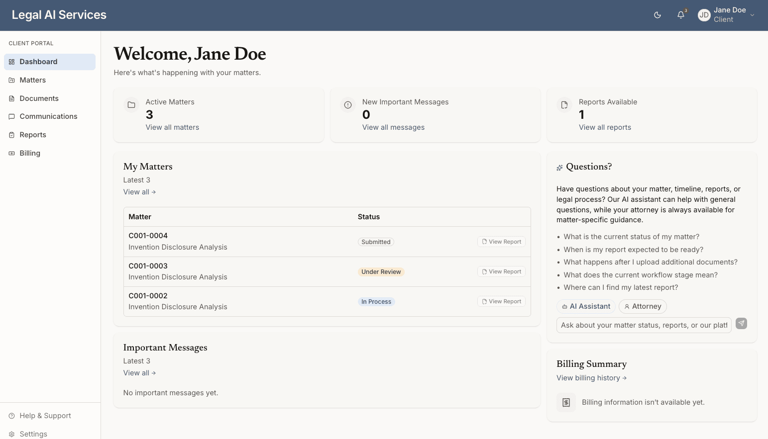 Client Portal dashboard showing active matters, reports, and an AI assistant panel for client questions.