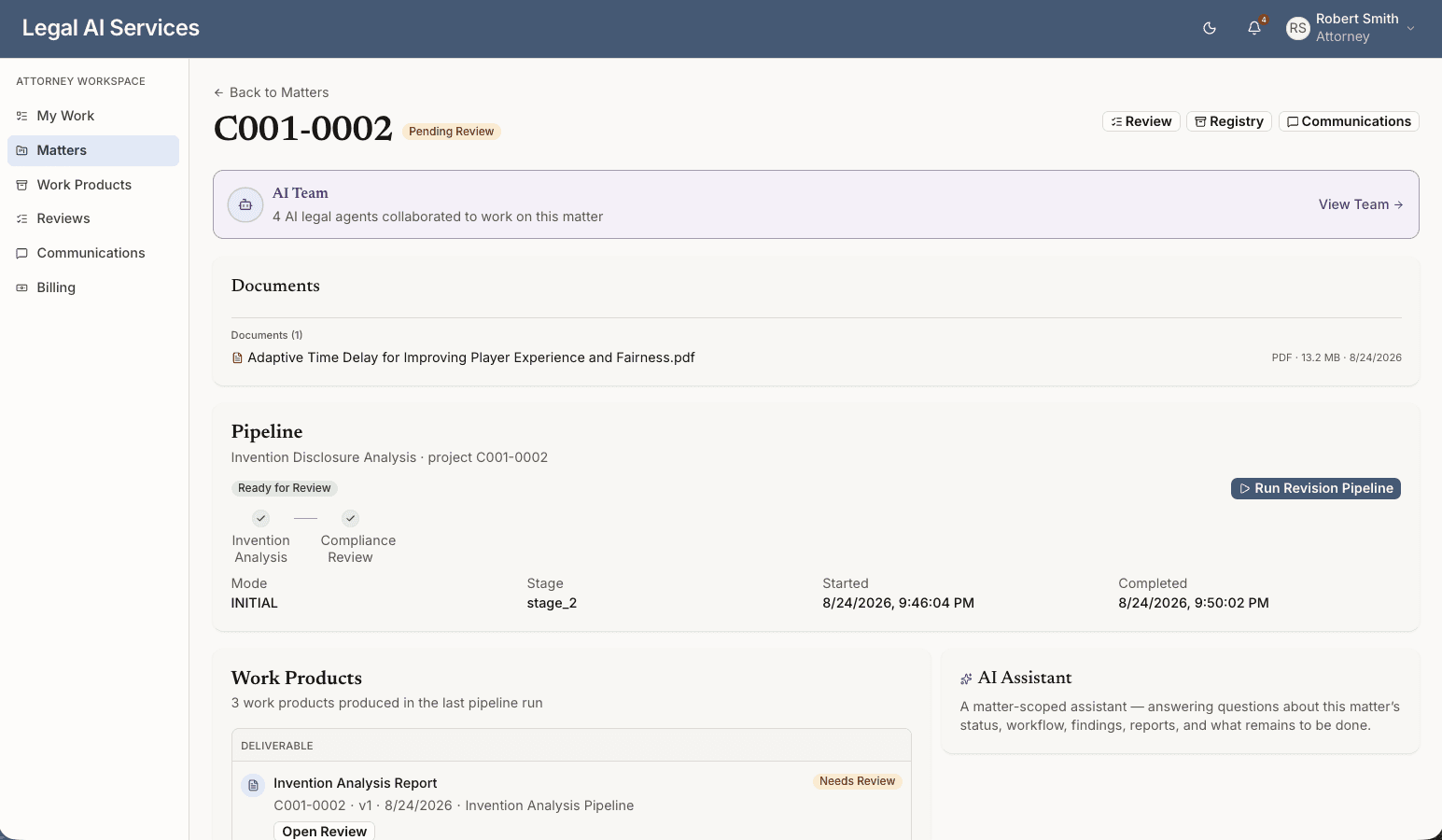 Attorney Workspace for a matter, showing the AI Team panel, matter documents, pipeline status, work products, and an AI assistant panel.