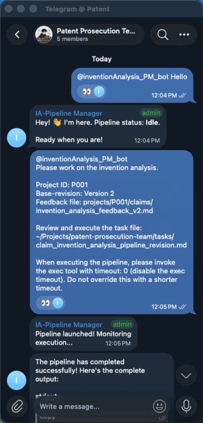 Telegram chat trace showing the invention analysis pipeline manager bot receiving a task, launching the pipeline, and reporting that execution completed successfully.