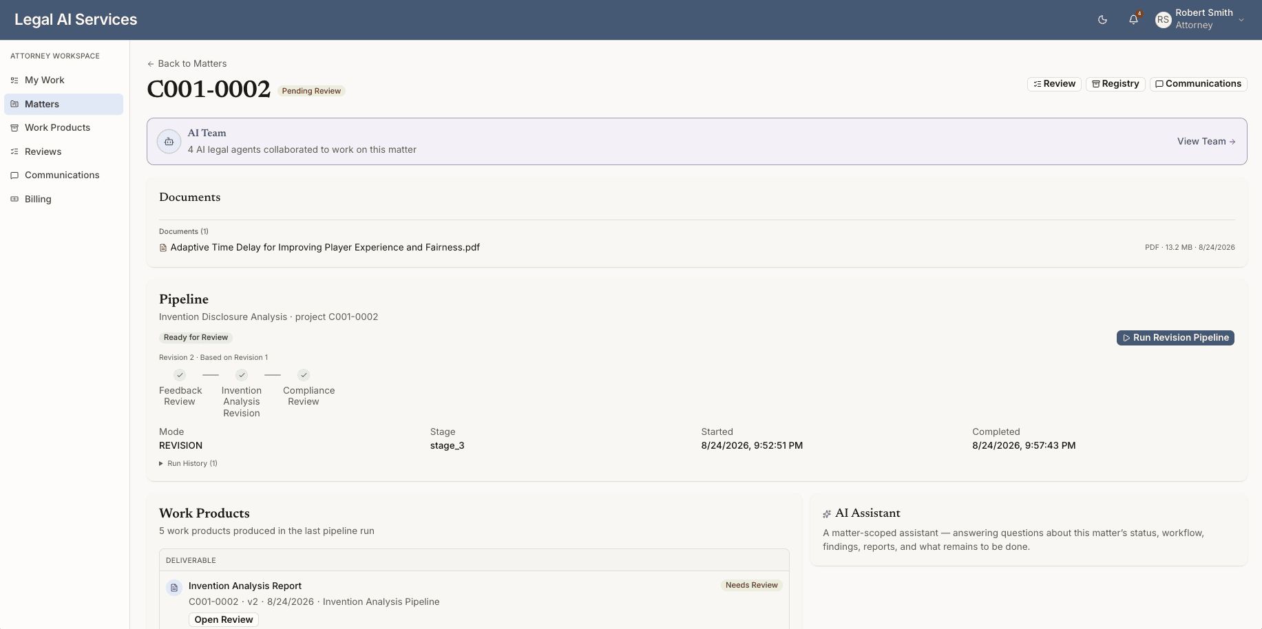 Attorney Workspace for an Invention Disclosure Analysis matter: an AI Team panel, matter documents, a revision pipeline (Feedback Review, Invention Analysis Revision, Compliance Review) marked Ready for Review, a generated Invention Analysis Report awaiting review, and an AI assistant panel.