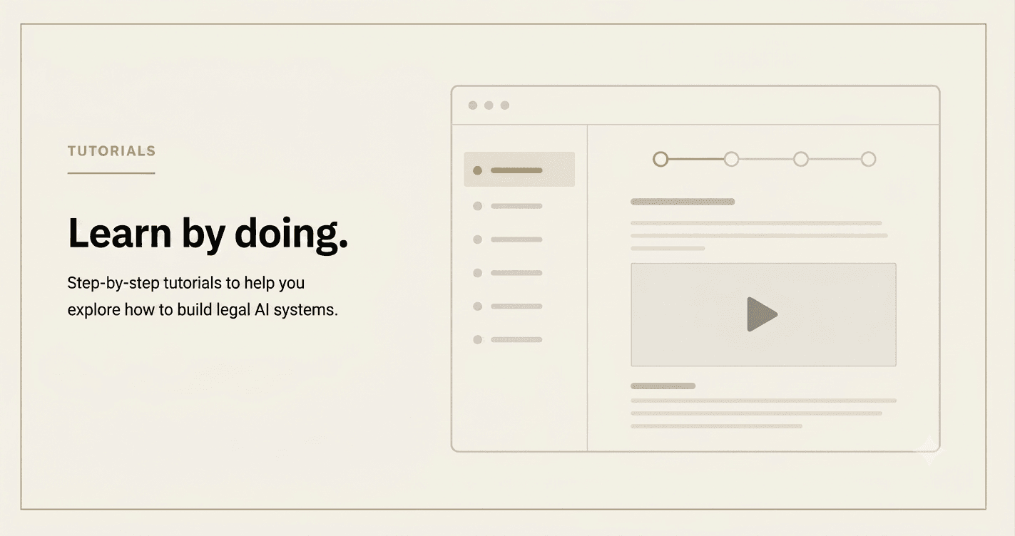 Illustration of a tutorials interface: a lesson list, a step-by-step progress tracker, and a video player, under the heading “Learn by doing.”